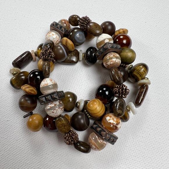 Handmade Beaded Bracelet Trio Chunky Brown Earth Tones Mixed Metals Wood - Picture 2 of 7